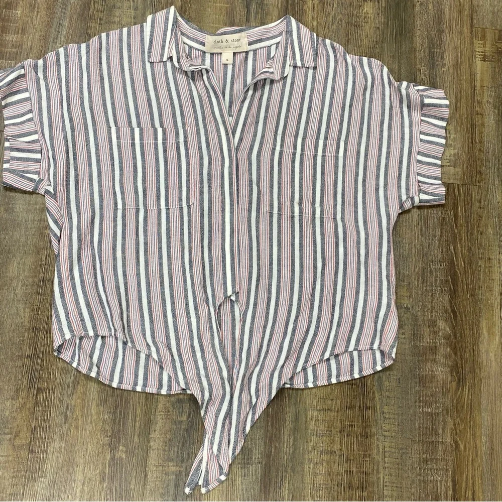 Cloth And Stone Striped Button-Up Tie-Front Top Rayon Linen Blend‎